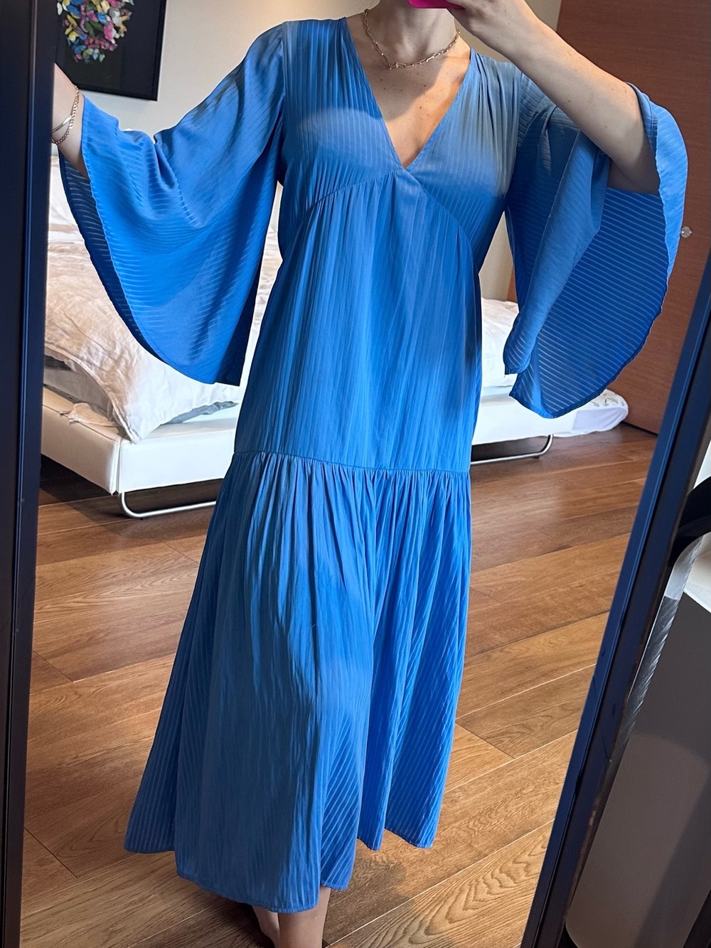 Minimum Blue Pleated V-Neck Maxi Dress with Bell Sleeves